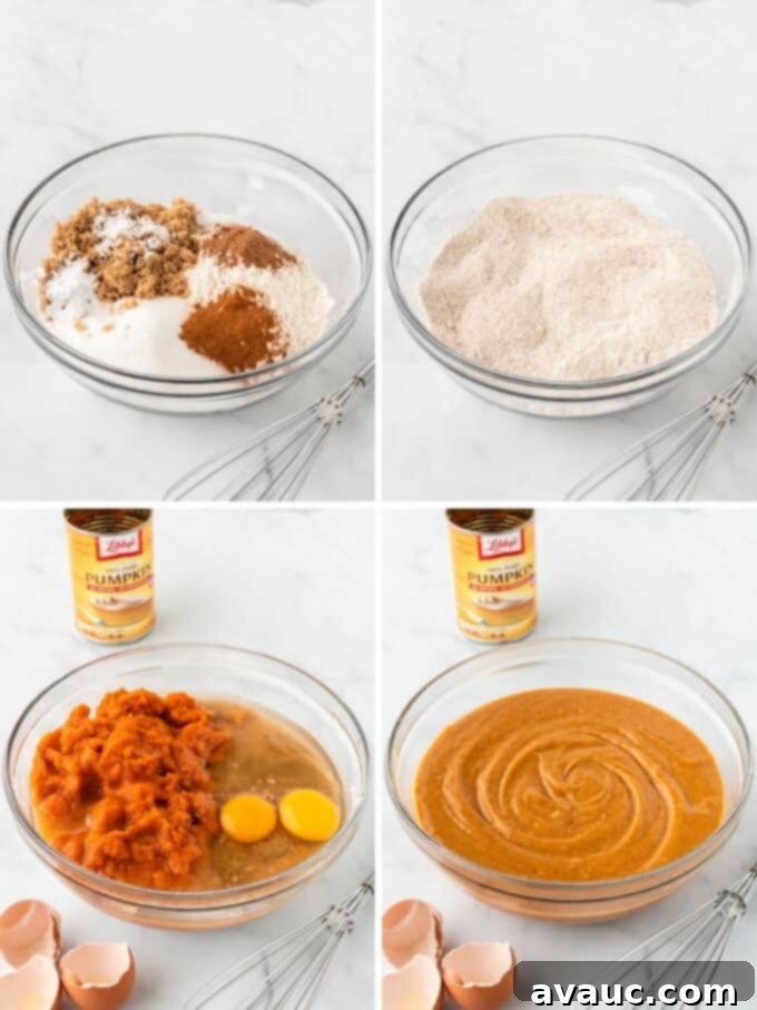 A four-panel image sequence illustrating the preparation of pumpkin bread batter. It shows dry ingredients in a glass bowl, followed by adding wet ingredients, the initial stage of mixing, and finally, a smooth and ready-to-bake pumpkin bread batter.