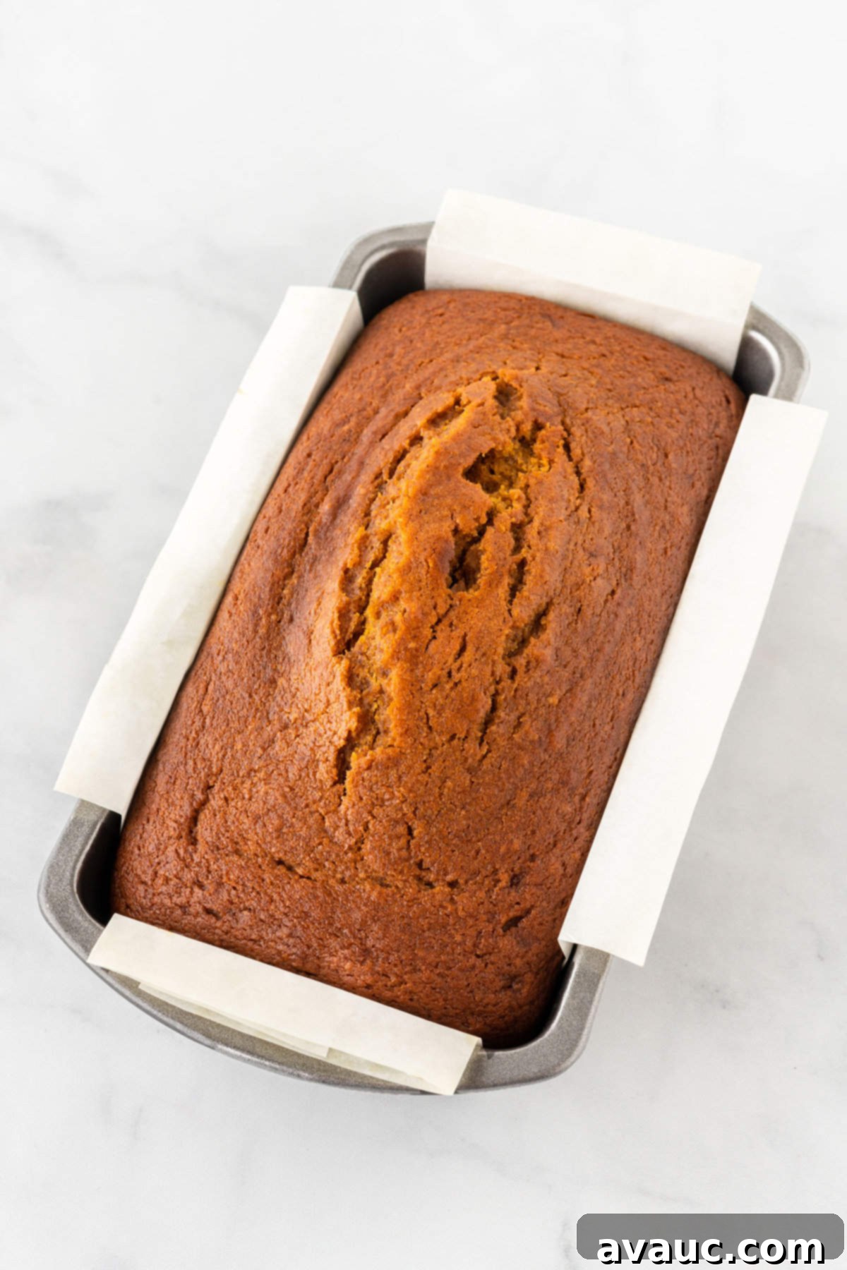 Freshly baked golden-brown copycat Starbucks pumpkin bread, still residing within the metal loaf pan and supported by its parchment paper sling, having just been removed from the oven and ready for cooling.