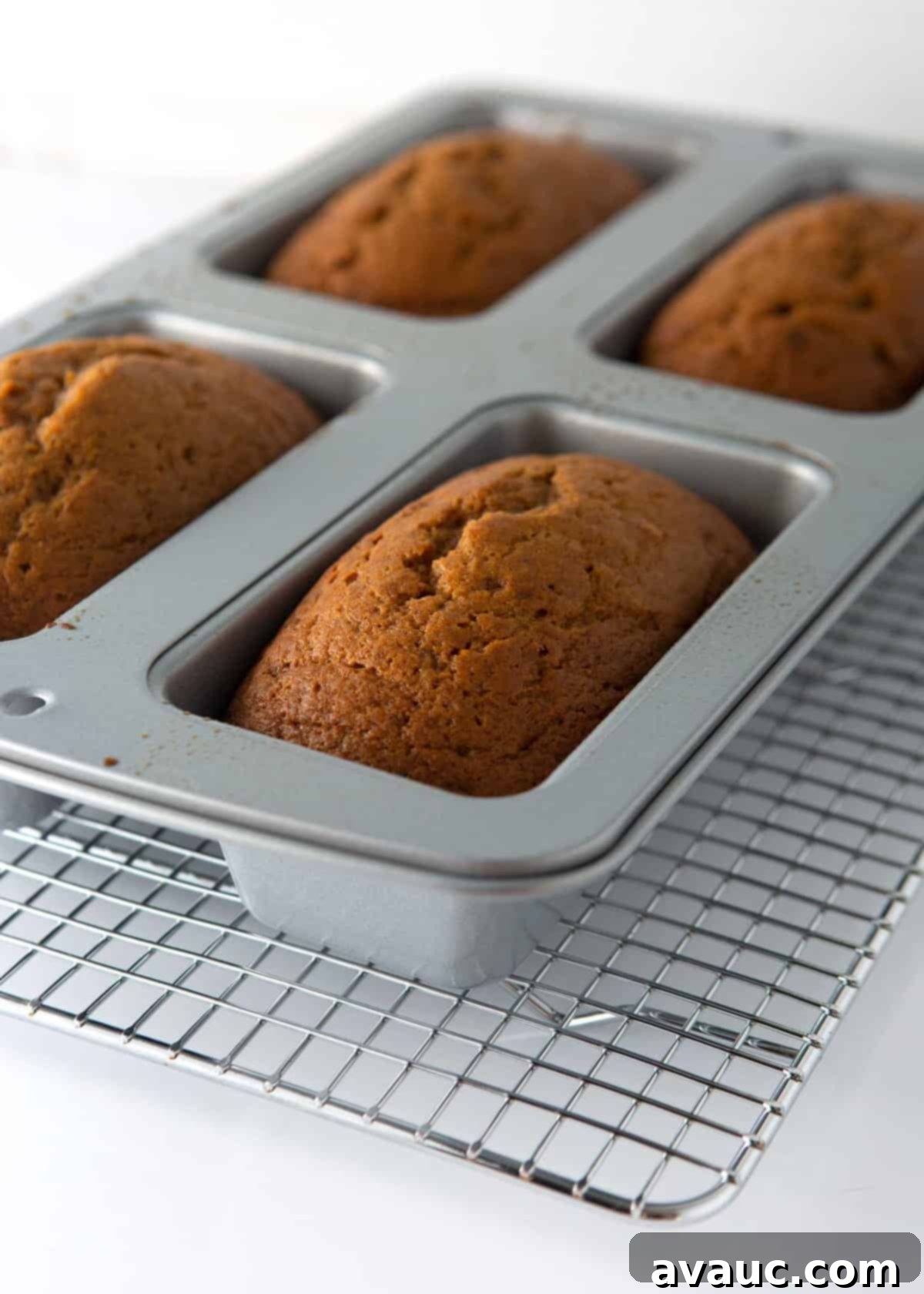 Mini loaf pan filled with four small, perfectly baked pumpkin bread loaves, tied with twine and gift tags, ideal for thoughtful gifting.
