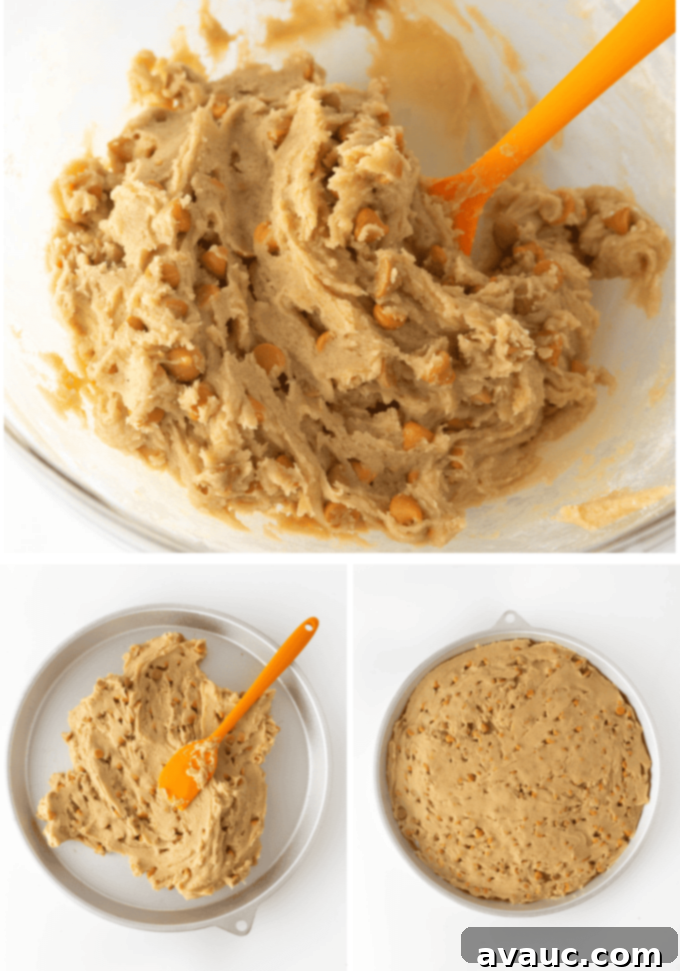 Decadent Chewy Butterscotch Chip Cookie Cake 5 Collage of butterscotch cookie dough in a mixing bowl and being pressed evenly into a round cookie cake pan.