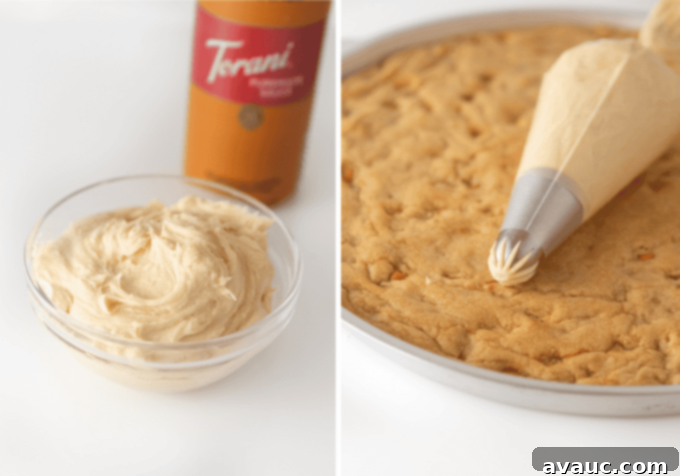 Decadent Chewy Butterscotch Chip Cookie Cake 6 Collage of a bowl of creamy vanilla frosting and a large star piping tip, ready for decorating.