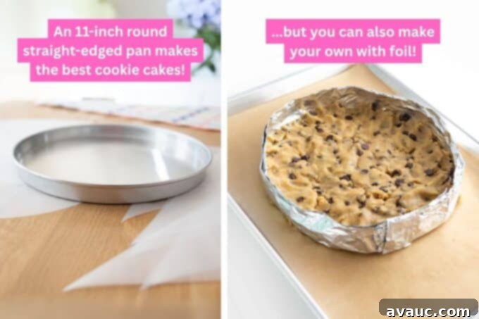 Decadent Chewy Butterscotch Chip Cookie Cake 9 Collage of a metal cookie cake pan and a DIY foil metal pan, showing different pan options.