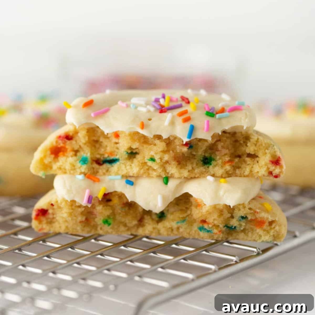 Frosted Funfetti Cookies 3 stack of birthday cake cookies cut in half to show texture