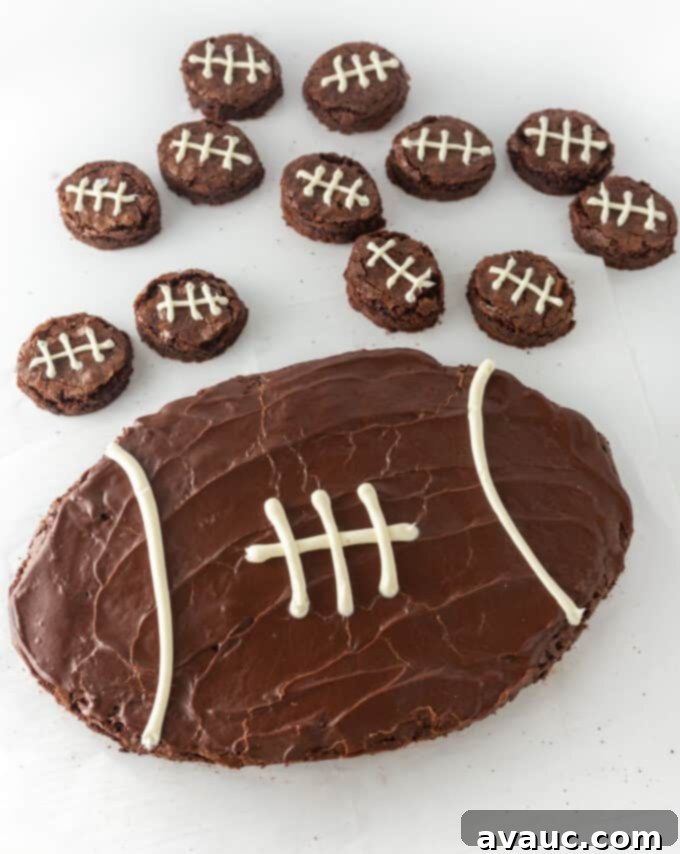 Touchdown Mini Brownies 9 both giant and mini football brownies displayed together on a serving board