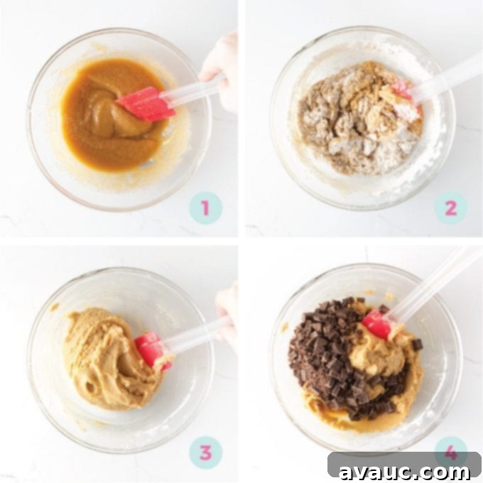 One Bowl Chocolate Chip Bliss 7 Mixing melted butter, sugars, and egg in a bowl for chocolate chip cookies.