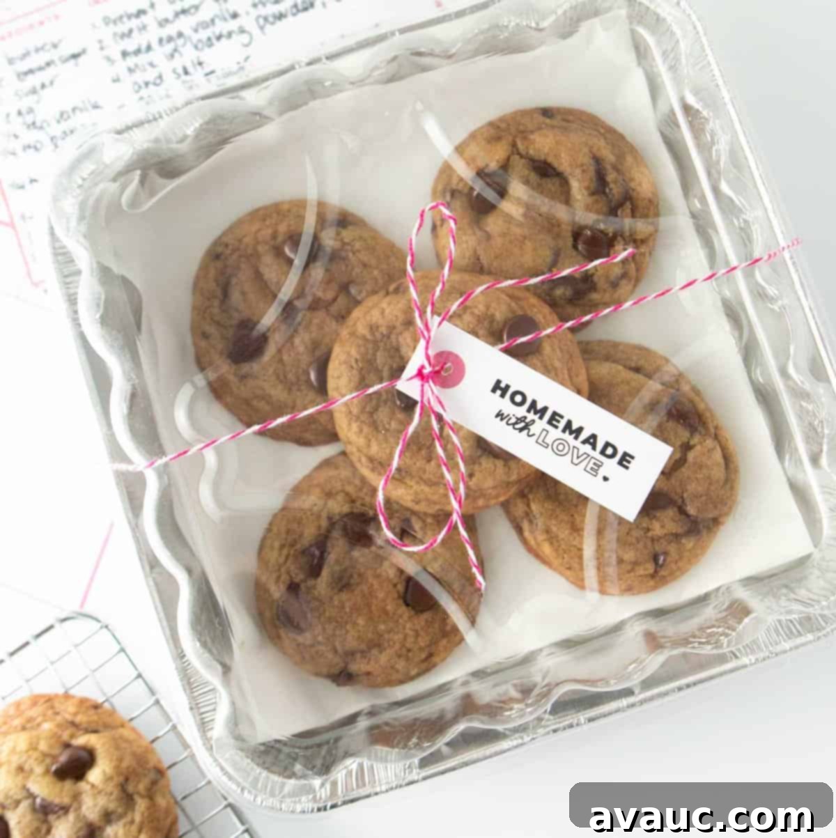 One Bowl Chocolate Chip Bliss 10 Close-up of a stack of chocolate chip cookies with a decorative tag.