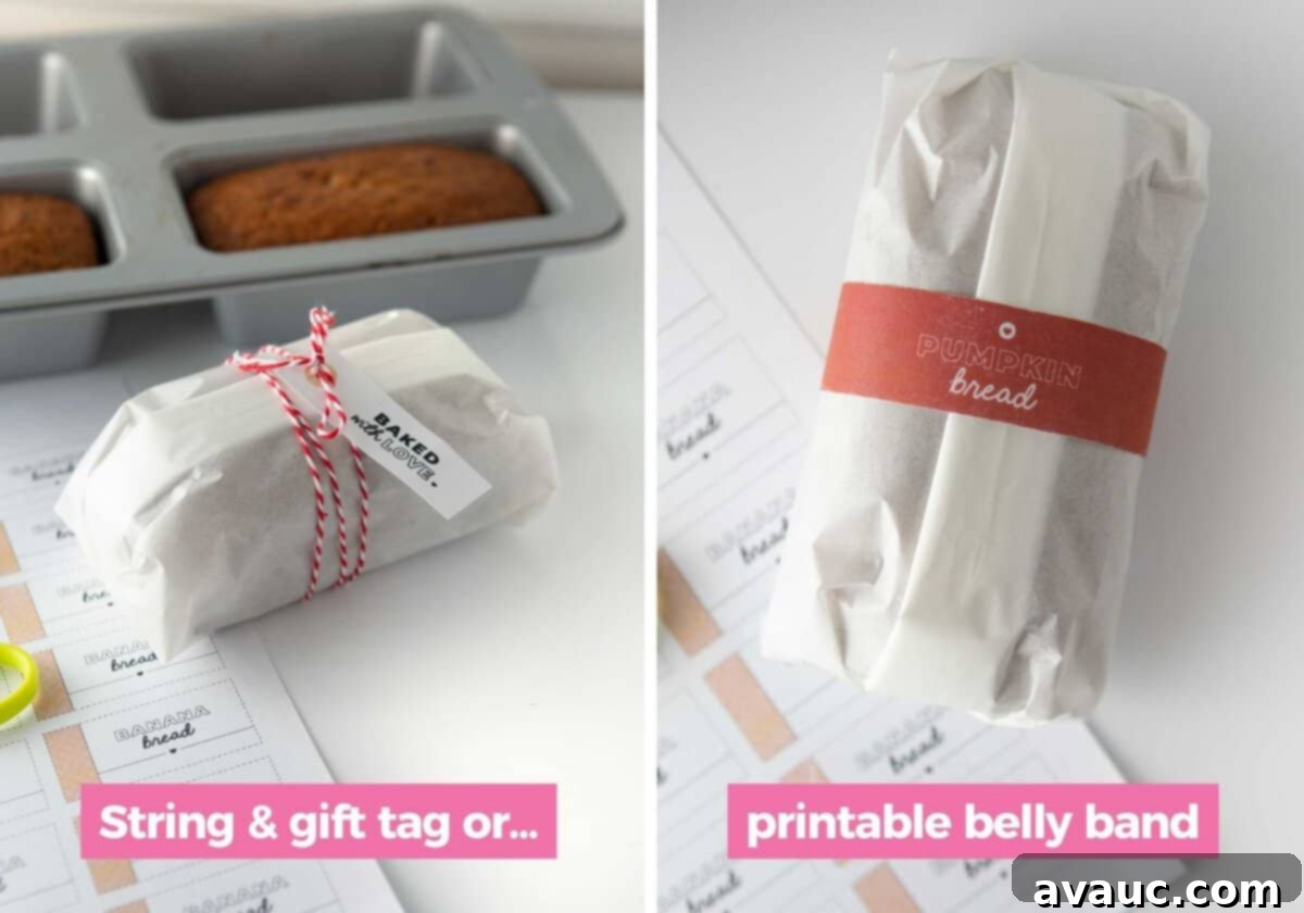 Five Creative Ways to Gift Banana Bread Includes Free Printables 5 how to wrap banana bread in parchment with gift tag or belly band