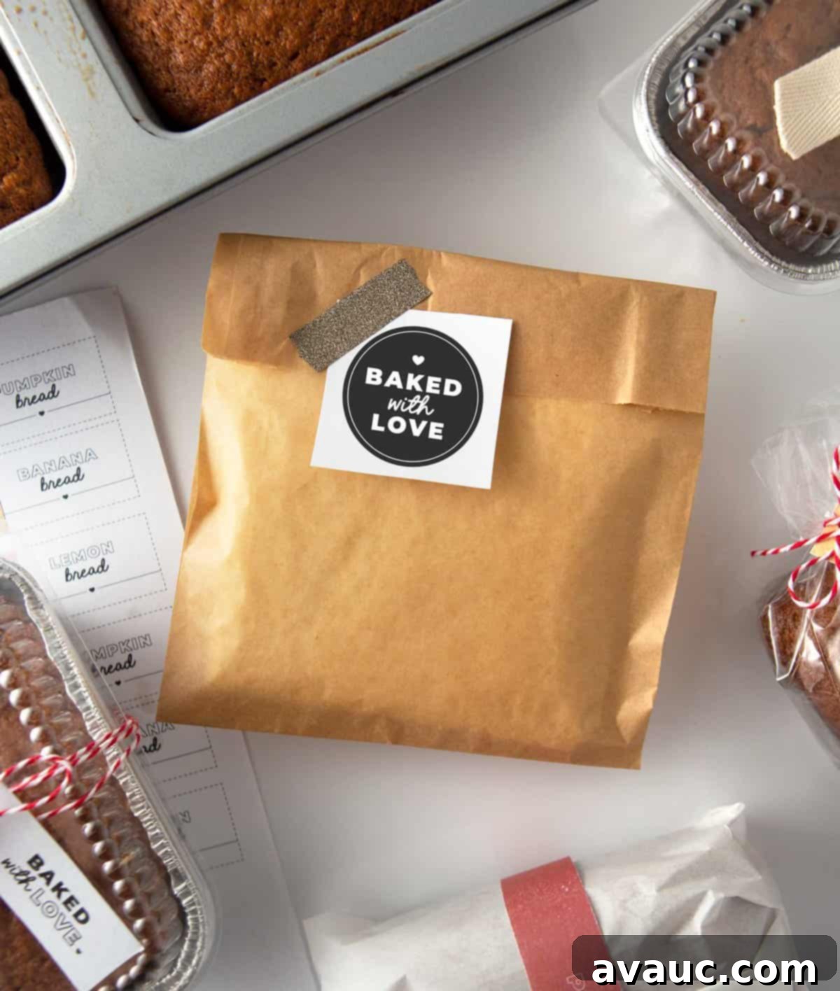 Five Creative Ways to Gift Banana Bread Includes Free Printables 8 slice of banana bread in food safe pouch with "baked with love" gift tag