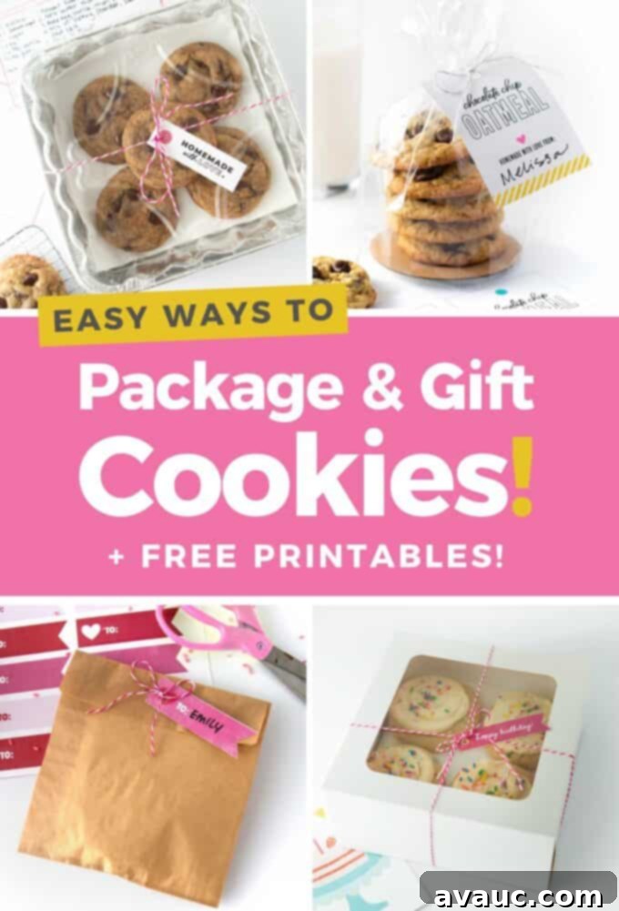 A collage featuring various easy and creative ways to package and gift homemade cookies, including foil pans, plastic bags, printable pouches, and bakery boxes, all adorned with free printable gift tags.