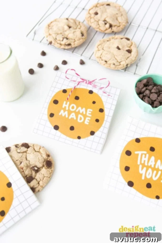 A charming printable cookie pouch, custom-designed to package delicious chocolate chip cookies, showcasing a homemade and thoughtful presentation.