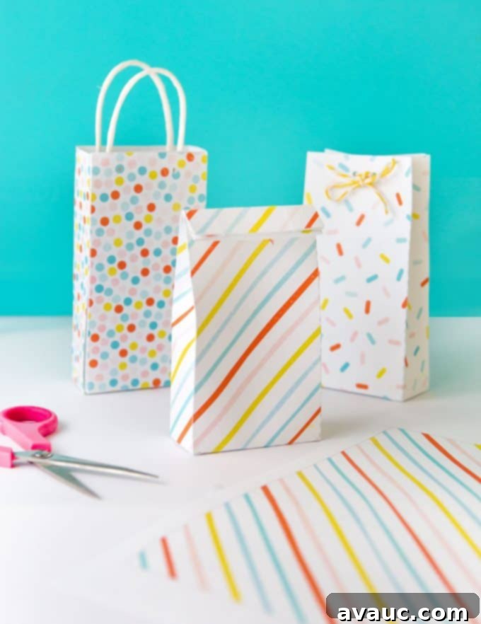 A vibrant collection of colorful printable party favor bags, perfectly designed to package small cookies or treats, showcasing fun patterns and customizability.
