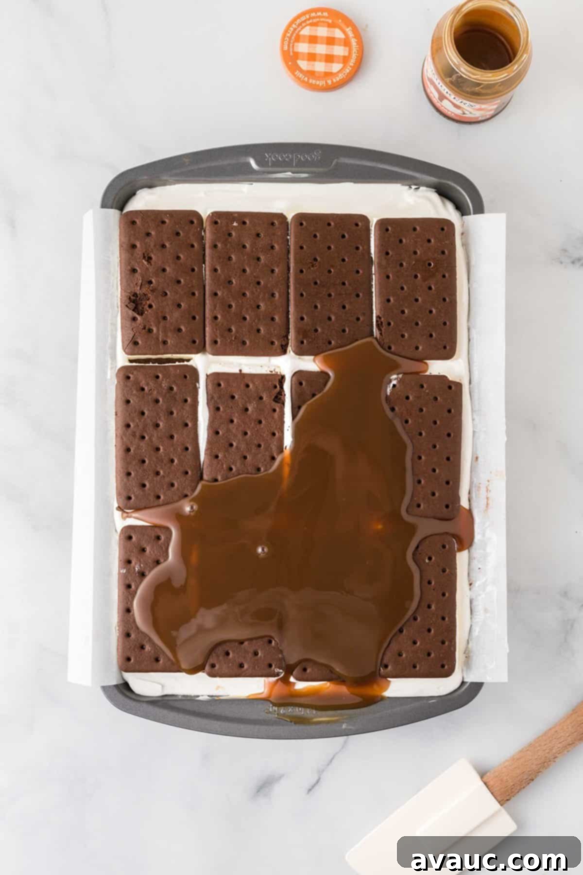 Dreamy Ice Cream Sandwich Cake 13 Caramel sauce evenly spread onto the ice cream sandwich cake