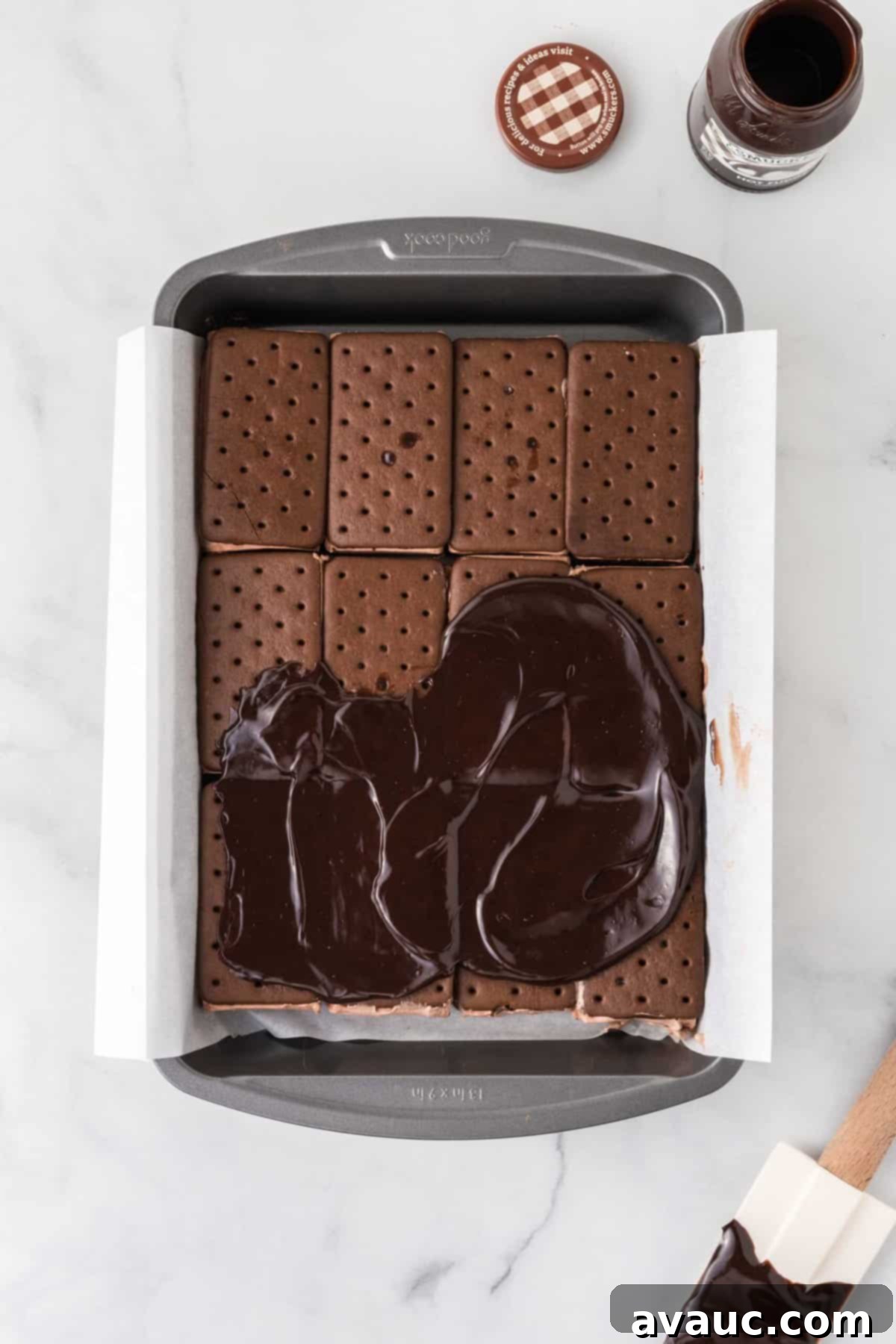 Dreamy Ice Cream Sandwich Cake 8 Fudge sauce evenly poured and spread over the ice cream sandwich layer