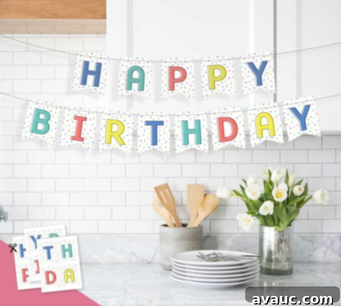 Get Your Free Printable Birthday Banner 1 A vibrant example of a 'Happy Birthday' printable banner, featuring colorful pennants and decorative elements, perfect for celebrating any age.
