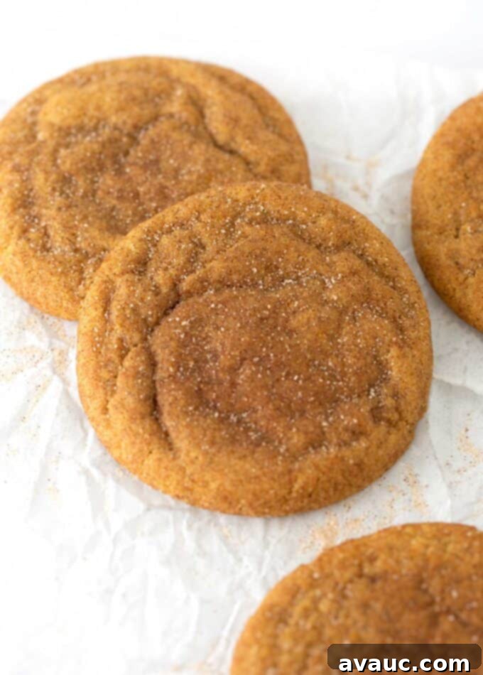 Deliciously chewy pumpkin snickerdoodles stacked high on a wooden board, showcasing their soft interior and cinnamon sugar coating.