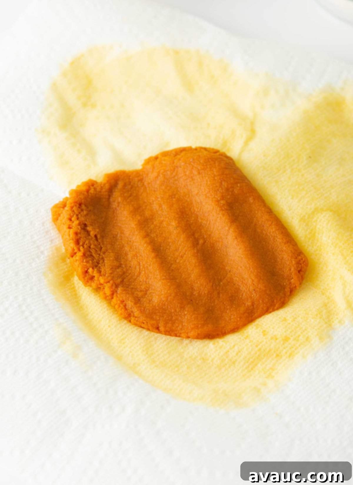 Pumpkin puree after blotting, visibly thicker and less watery, resembling play-doh, ready for the recipe.