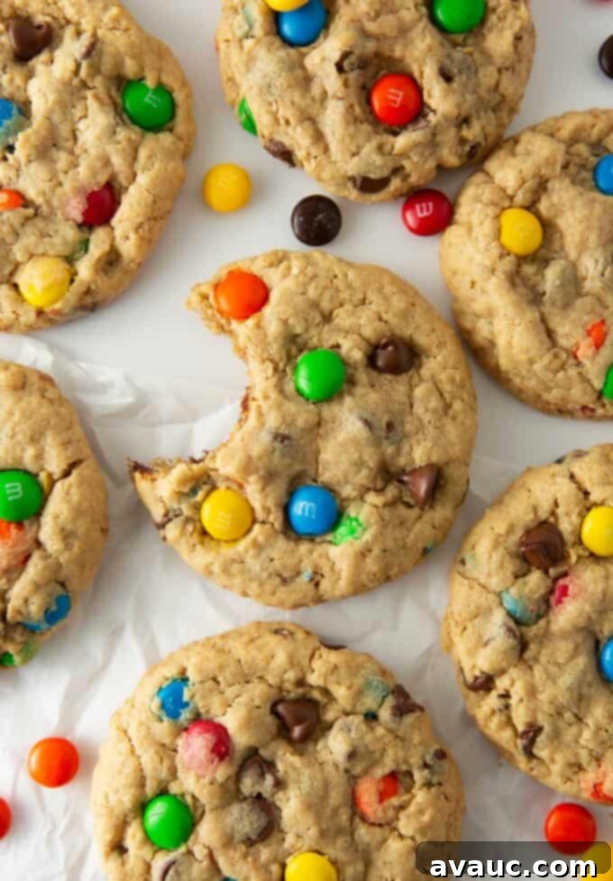 Soft and thick M&M Monster Cookies with chocolate chips and peanut butter, perfectly baked
