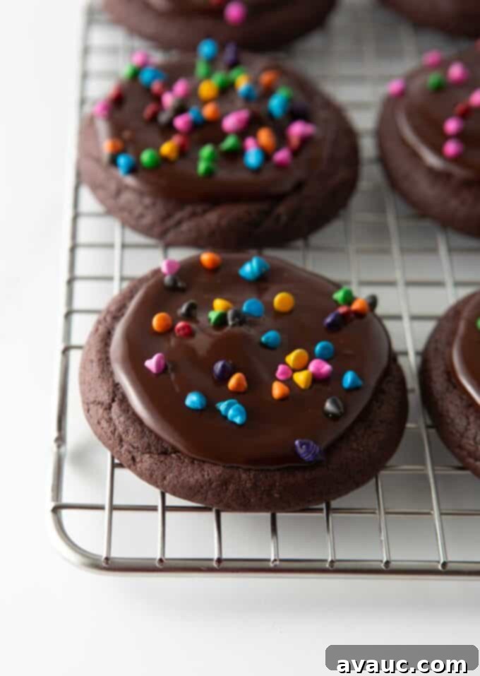 Fudgy Cosmic Brownie Cookies 2 chocolate cosmic brownie cookies with rainbow sprinkles on metal cooling rack