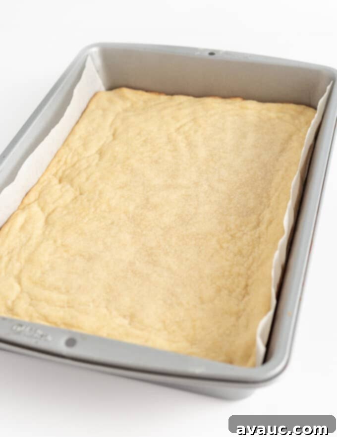 Festive Christmas Tree Sugar Cookie Bars 7 Raw sugar cookie dough pressed evenly into a parchment-lined 9x13 baking pan, demonstrating the smooth surface before baking.