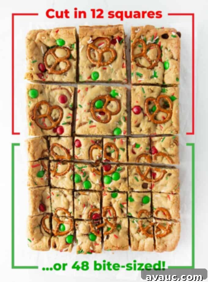 Festive Cookie Squares 10 Guide showing how to cut Christmas cookie bars into different sizes for serving.