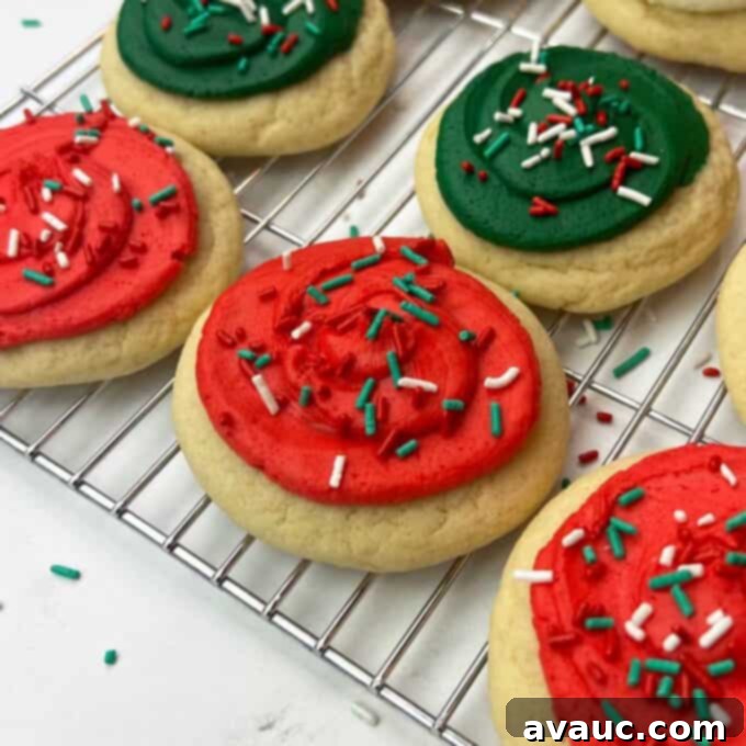 Soft Frosted Sugar Cookies styled for Christmas with holiday sprinkles
