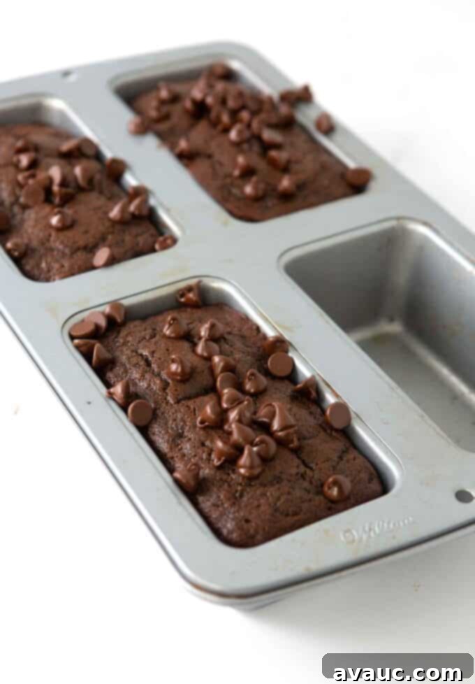 A perfectly baked mini loaf of double chocolate chip banana bread, showcasing its delightful individual size.