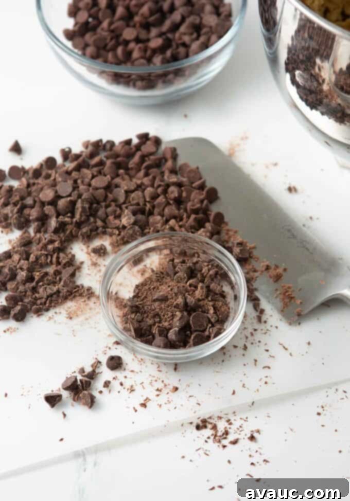 chopped chocolate chips with knife