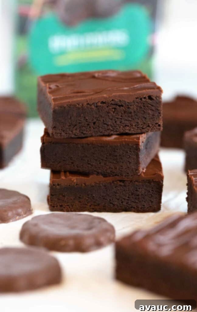 Decadent Thin Mint Cookie Bars 2 stack of chocolate thin mint square bars