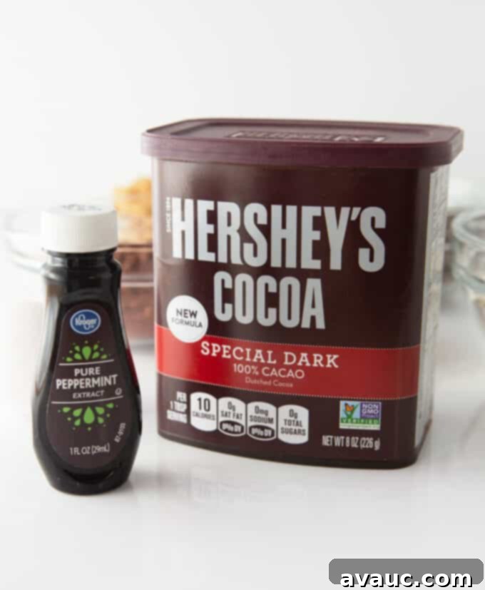 Decadent Thin Mint Cookie Bars 4 container of hershey's dark cocoa powder nad bottle of peppermint extract