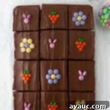 Close-up of a decorated Easter brownie with a bunny made of M&M's