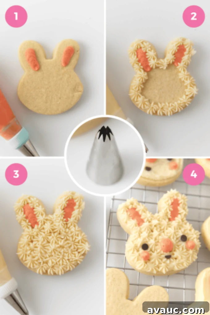 easter bunny sugar cookies decorated with a star tip