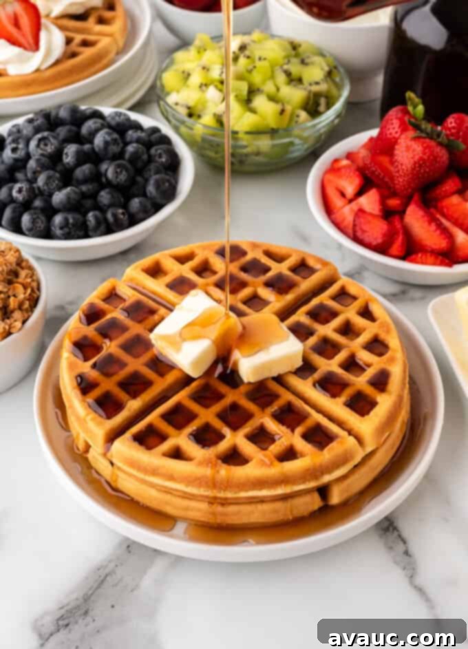 crispy belgian waffles with syrup and butter