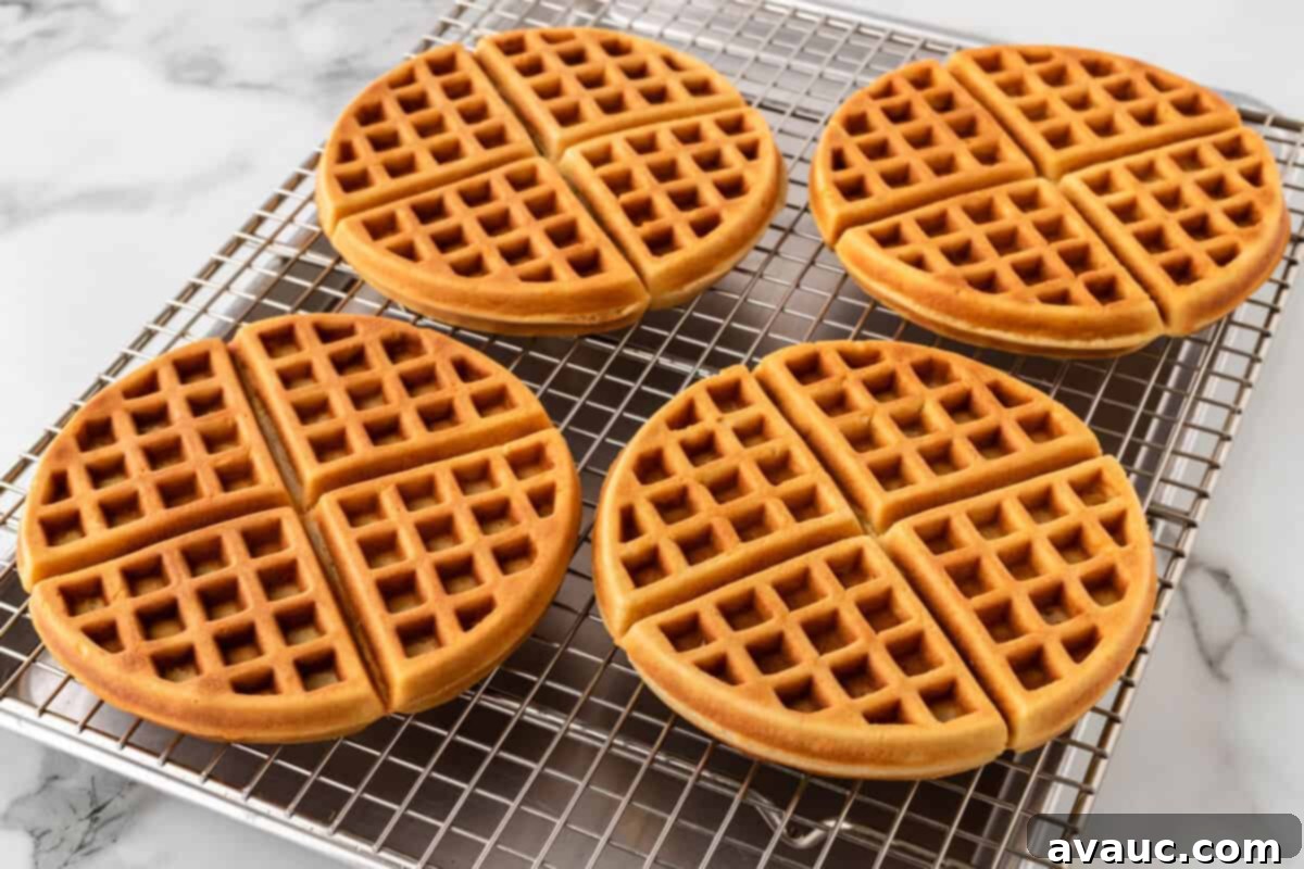 stack of crispy waffles on a serving plate
