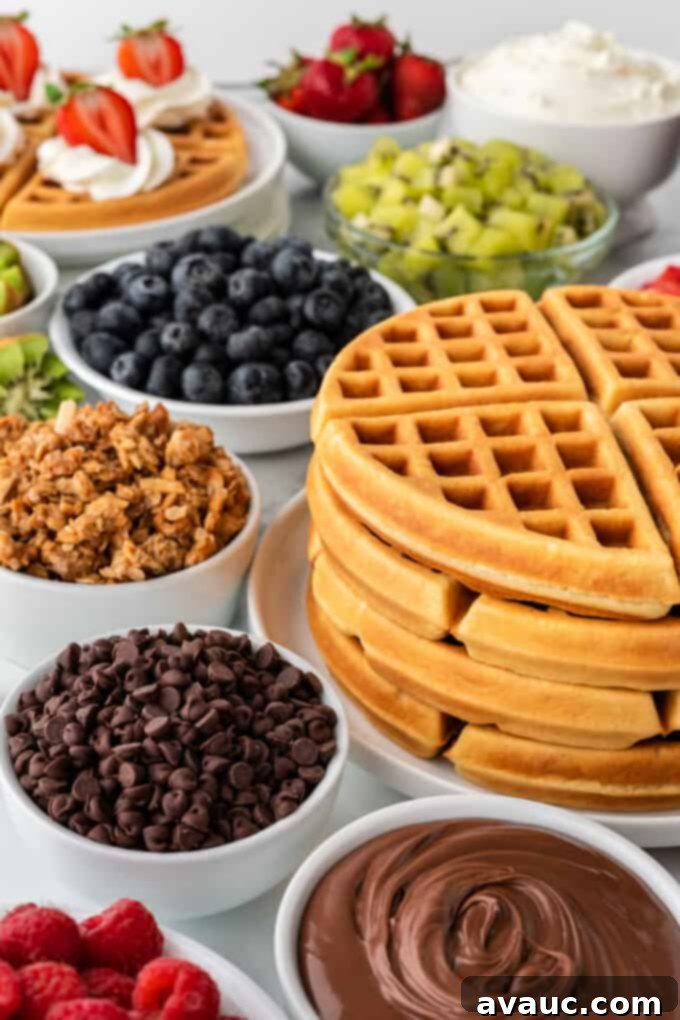 assortment of waffle bar topping ideas, including fresh fruit, syrup, and whipped cream