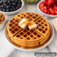 crispy belgian waffles with syrup and butter