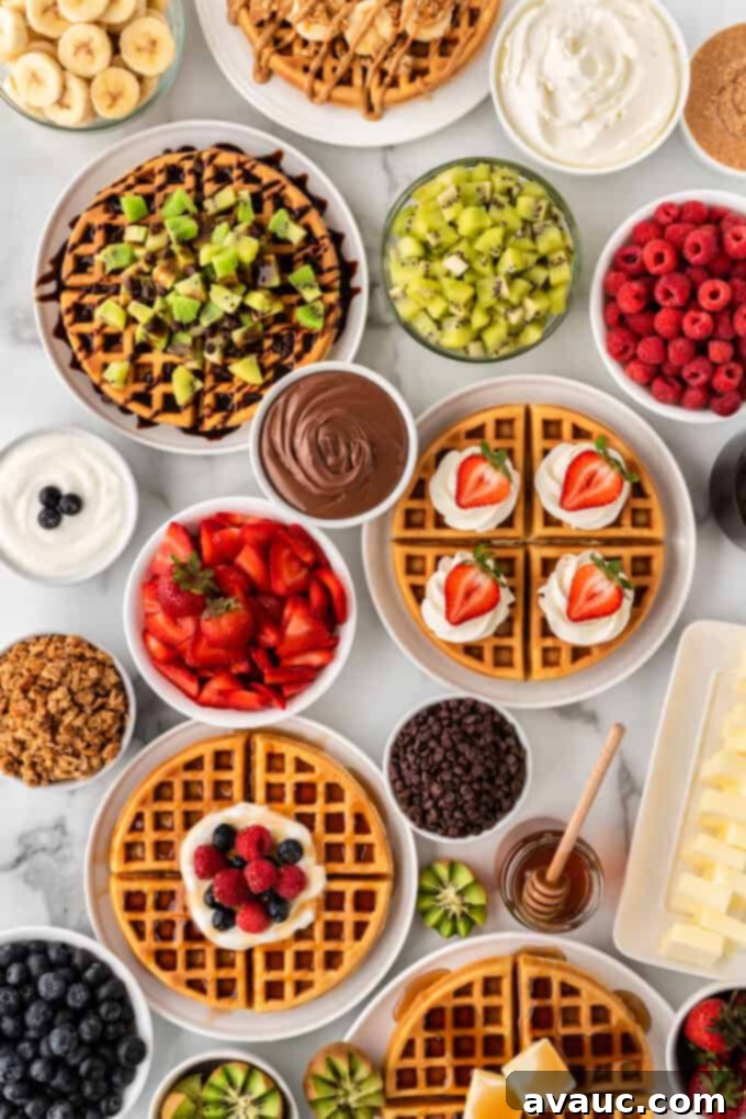 overhead view of crispy waffles and a selection of waffle toppings for a waffle bar