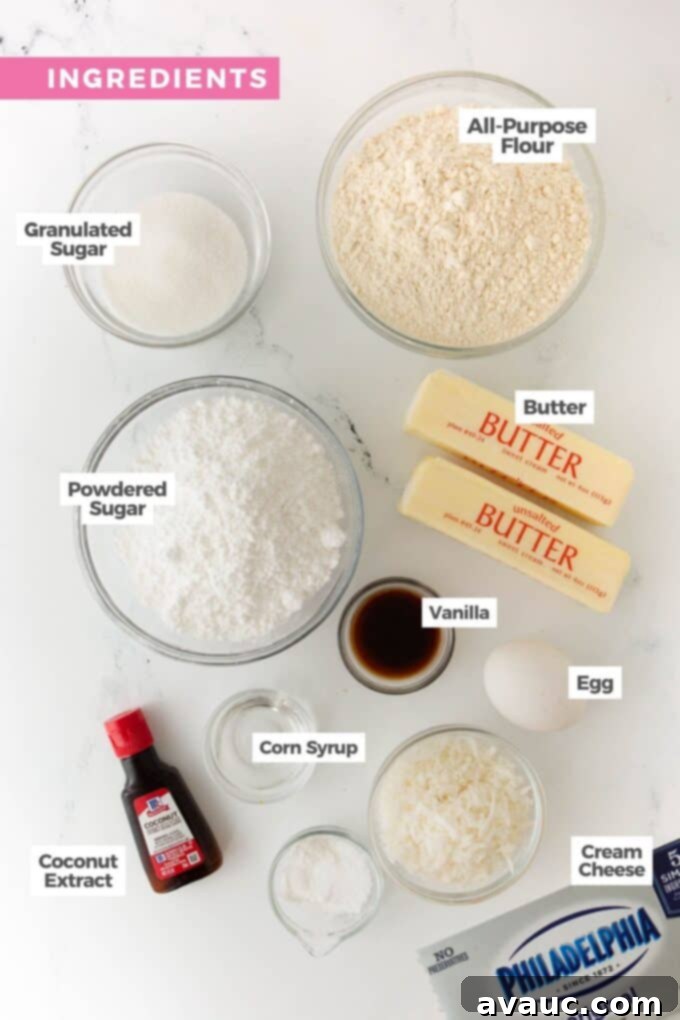 Coconut Cloud Sugar Cookies 4 Ingredients for making coconut sugar cookies laid out on a white surface.