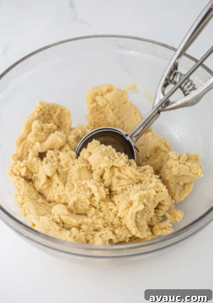 Coconut Cloud Sugar Cookies 5 A bowl of coconut sugar cookie dough with a cookie scoop nestled beside it, ready for shaping.