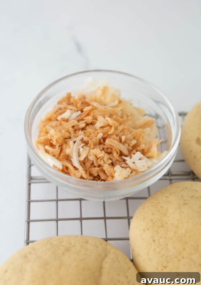 Coconut Cloud Sugar Cookies 9 A bowl of perfectly toasted golden-brown coconut flakes.
