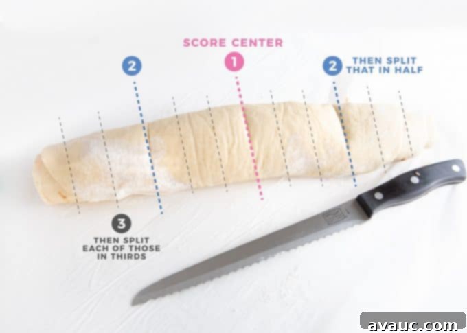 One-Hour Citrus Cinnamon Buns 13 Scoring the cinnamon roll log for even cuts