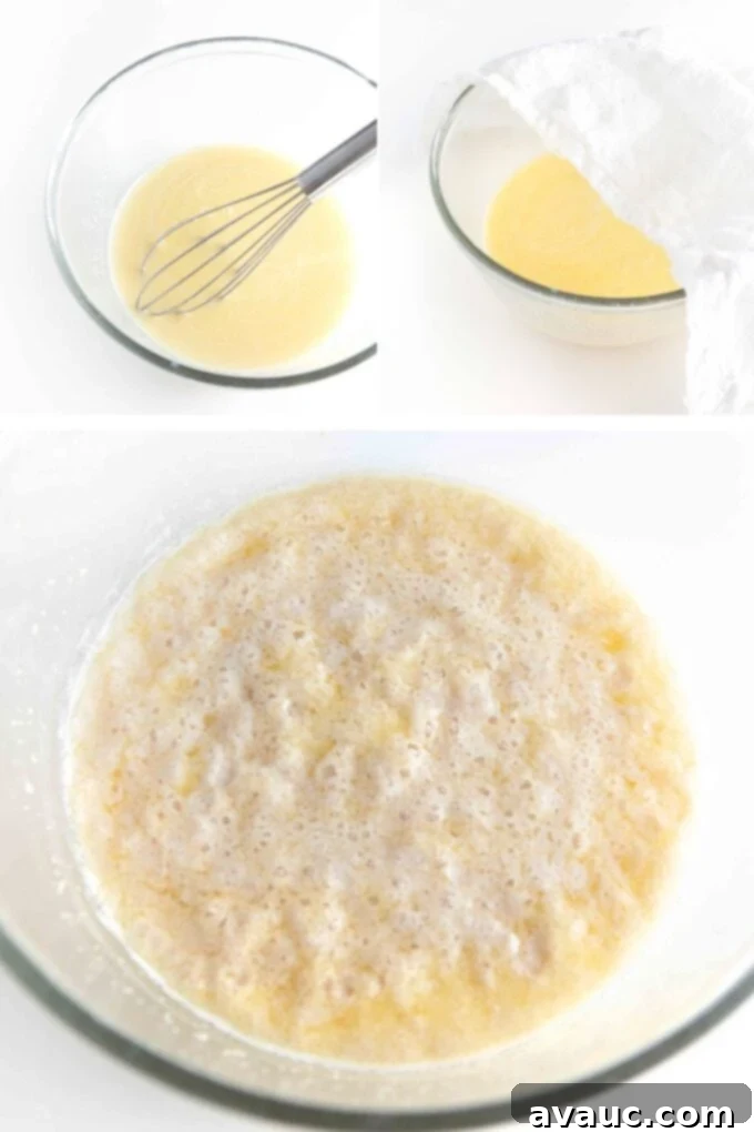 One-Hour Citrus Cinnamon Buns 6 Yeast mixture blooming in a bowl