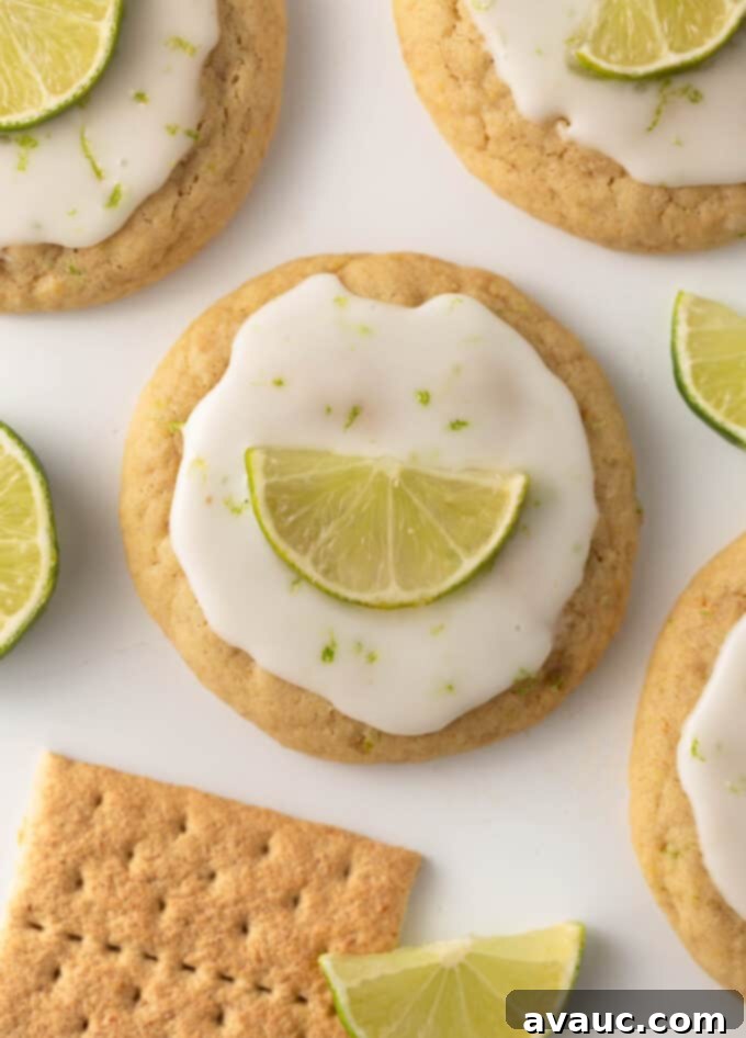 chewy key lime cookies with glaze and lime wedge
