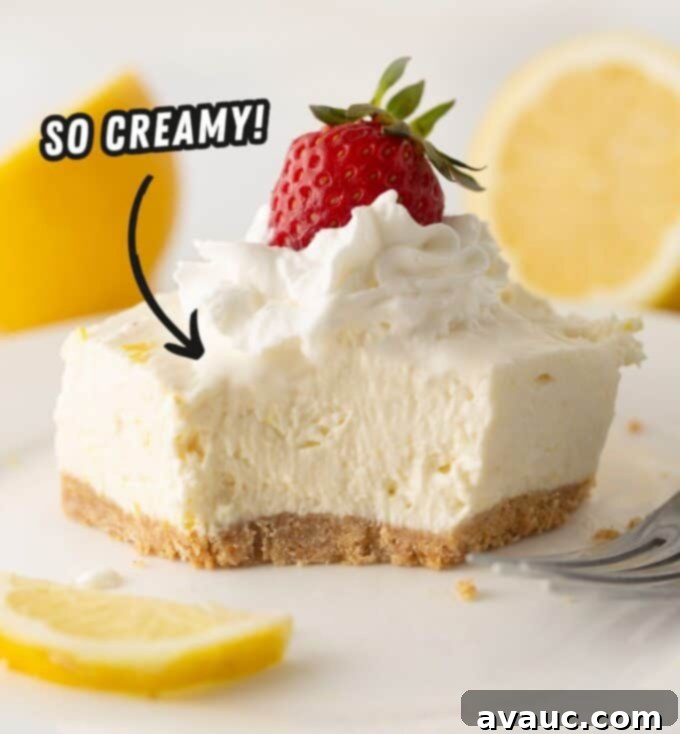 Easy No Bake Lemon Cheesecake Squares 3 square of no bake lemon cheesecake on plate with whipped cream and strawberry on top