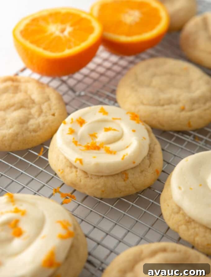 Glazed Orange Sugar Cookies 10 frosted orange sugar cookies cooling on a wire rack, garnished with orange zest
