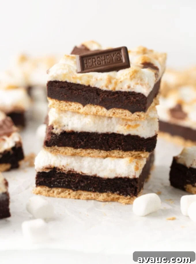 Gooey S'mores Cookie Bars 2 Stack of rich, fudgy chocolate s'more cookie bars with golden marshmallows