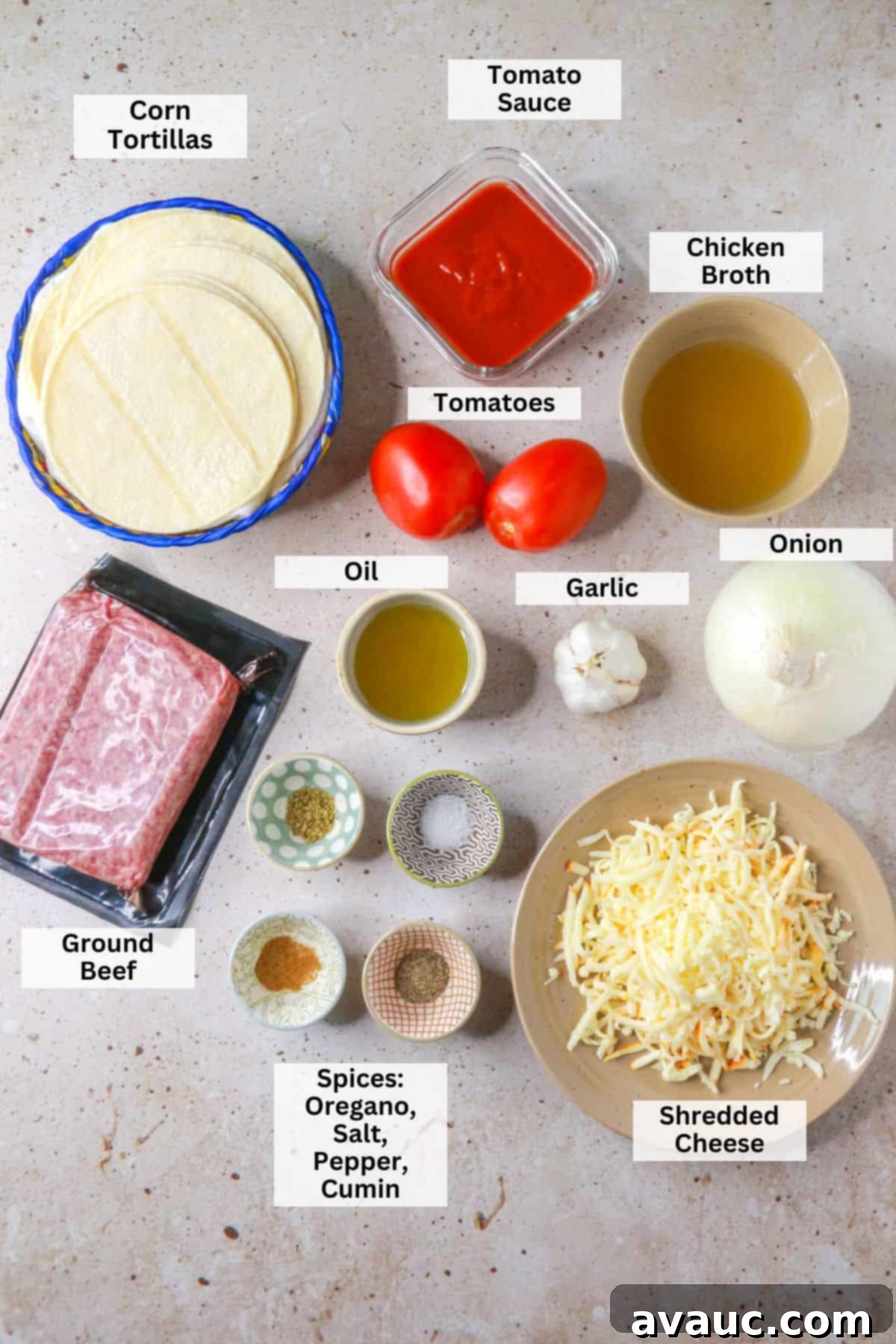 Ingredients for entomatadas with ground beef: tomato sauce, corn tortillas, broth, ground beef, onion, garlic, oil, shredded cheese, spices