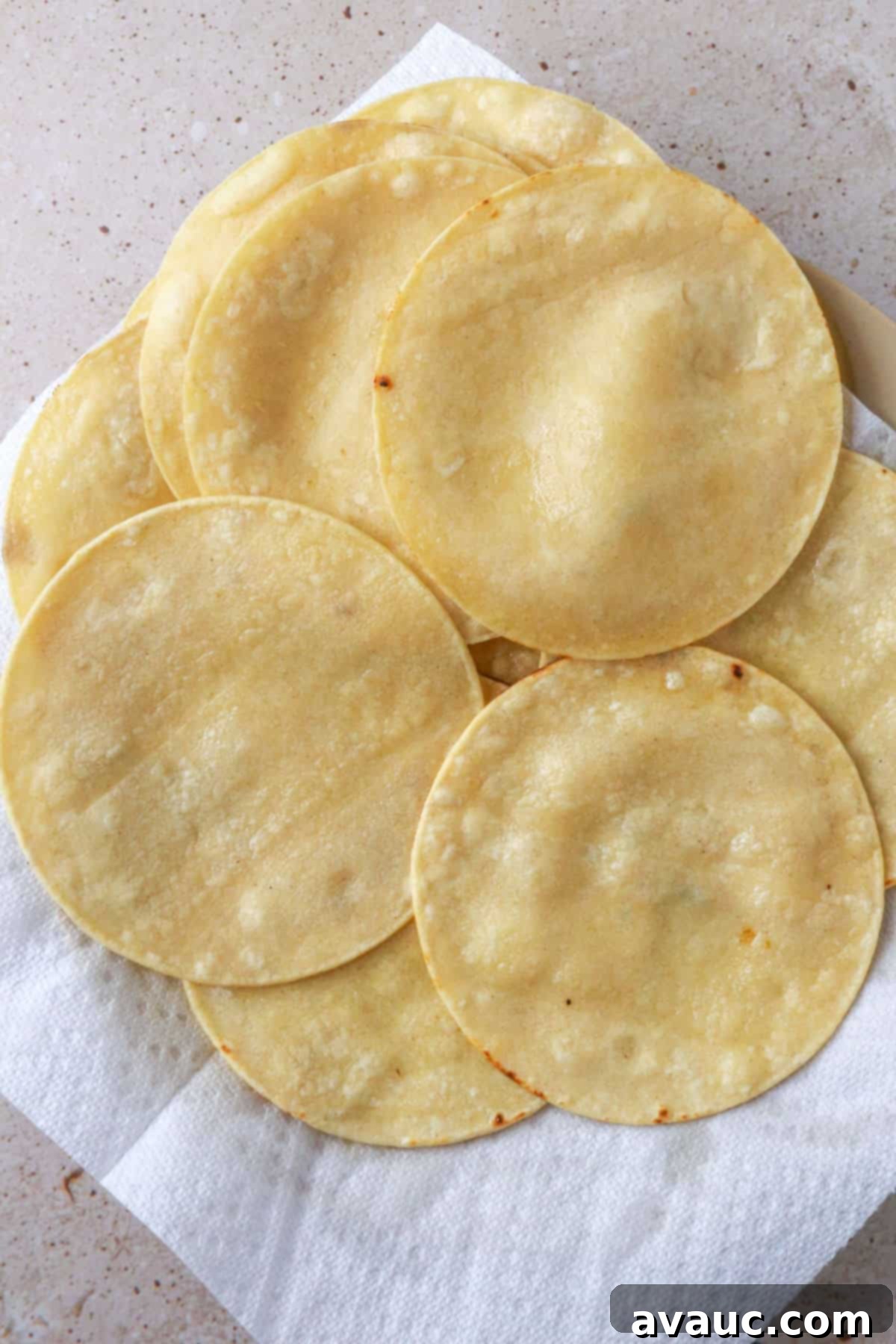 Lightly fried corn tortillas draining on a paper towel-lined plate