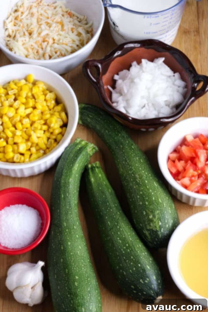 Cheesy Calabacitas 3 Fresh zucchini, flavorful broth, salt, ripe tomatoes, sweet onions, whole kernel corn, aromatic garlic, and rich grated cheese ready for making Calabacitas con Queso