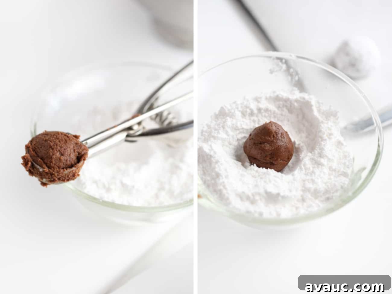 Cookie scoop with chocolate cookie dough, and a ball of chocolate cookie dough rolling in powdered sugar for chocolate brownie cookies, illustrating the preparation for baking.