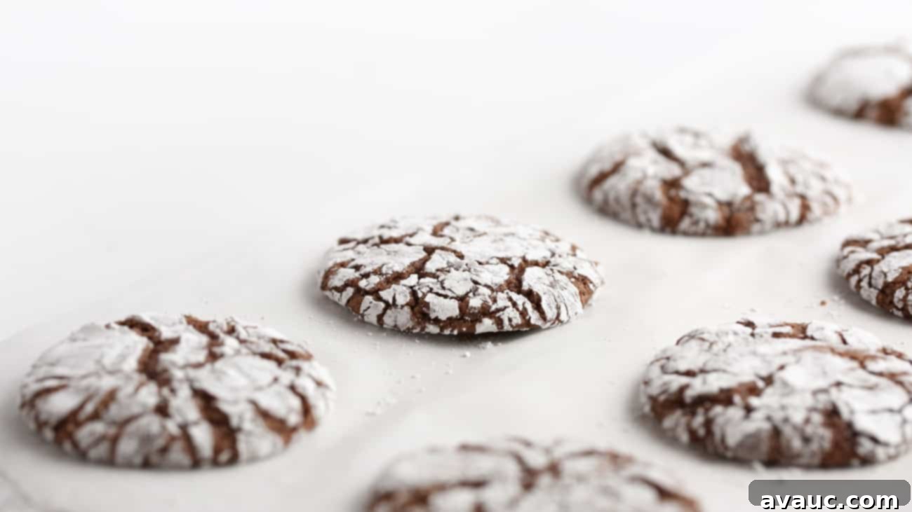 Baking sheet of freshly baked, crackle-top chocolate brownie cookies, cooling down.
